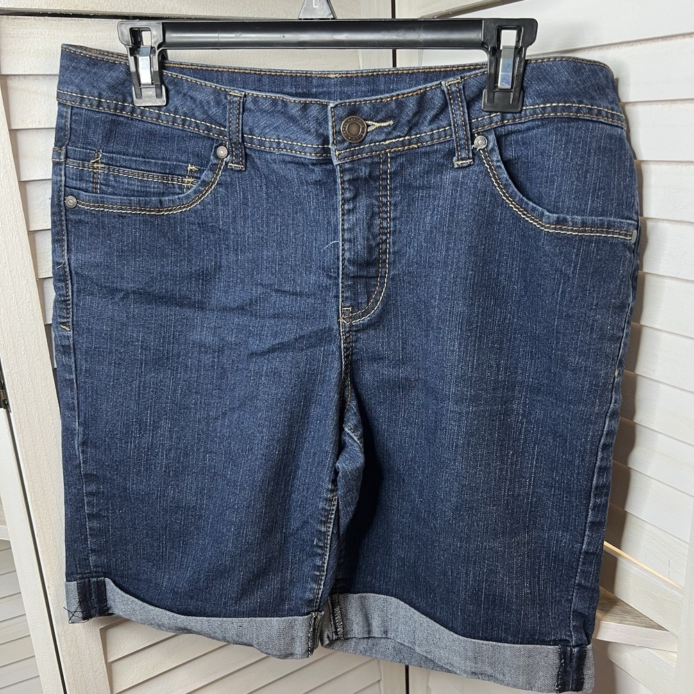 Faded Glory Women's 12 Denim Jean Bermuda Shorts Cuffed Mid Rise‎ Dark Wash